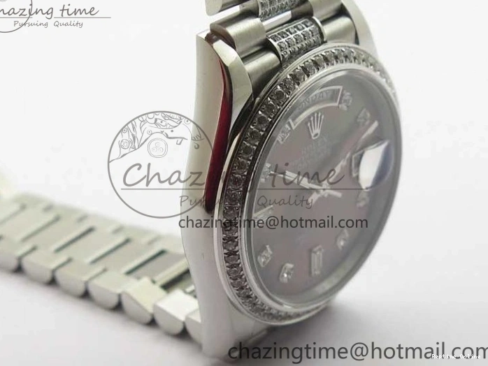 0517 SmoothTexture Day-Date 36mm 128239 SS Crystal BP Best Edition Black MOP Crystal Marker Dial on SS President Bracelet A 2681